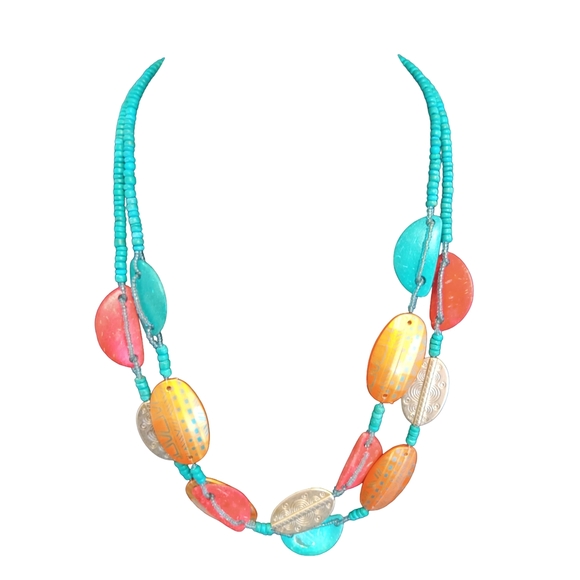 Vibrant Turquoise and Orange Beaded Necklace With Silver Tone Accents - Picture 1 of 6